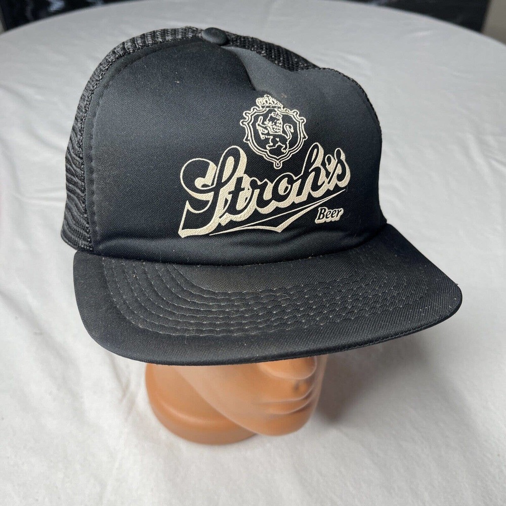Vtg Stroh's Brewing Co Beer Black Adjustable Cap Trucker Hat Competition Pro Tag